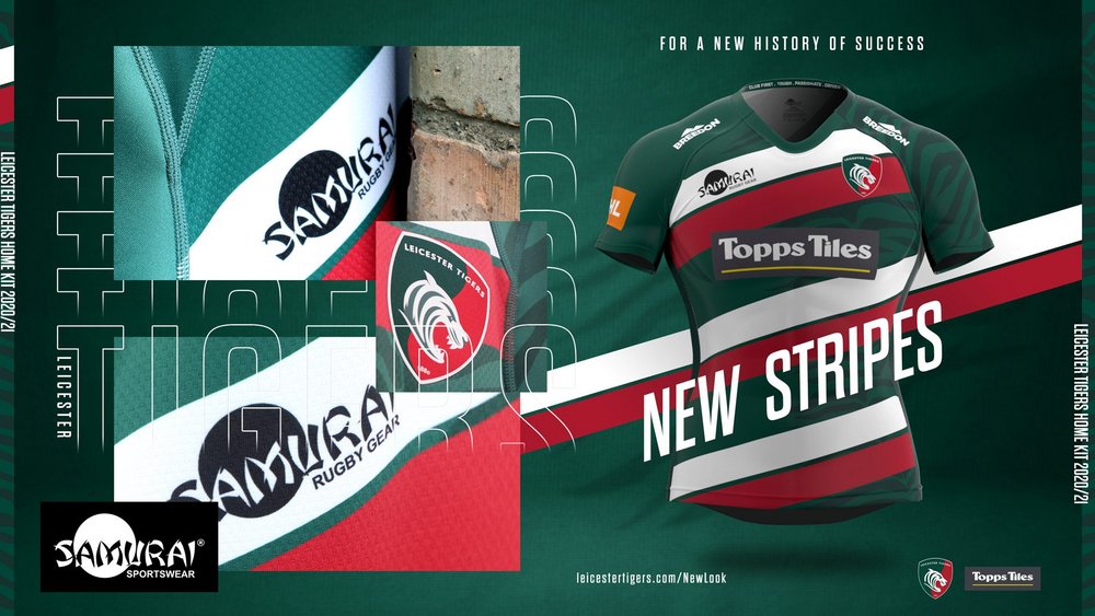 New Leicester Tigers Samurai Kit 2020-21, Tigers Rugby Topps Tiles Shirts  20-21 Home Away