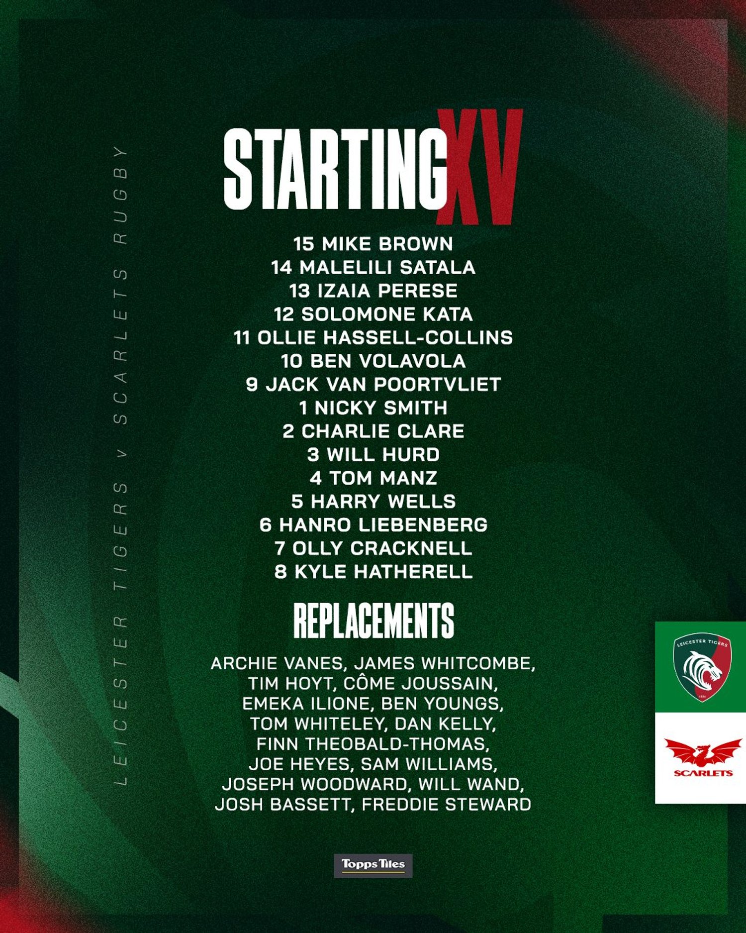 Leicester Tigers Starting XV vs Scarlets Rugby