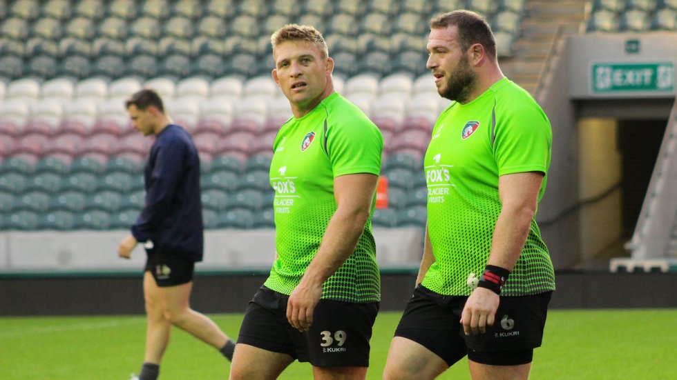 Tom Youngs and Greg Bateman during the side's Team Run ahead of the Premiership Cup game against Exeter Chiefs at Welford Road