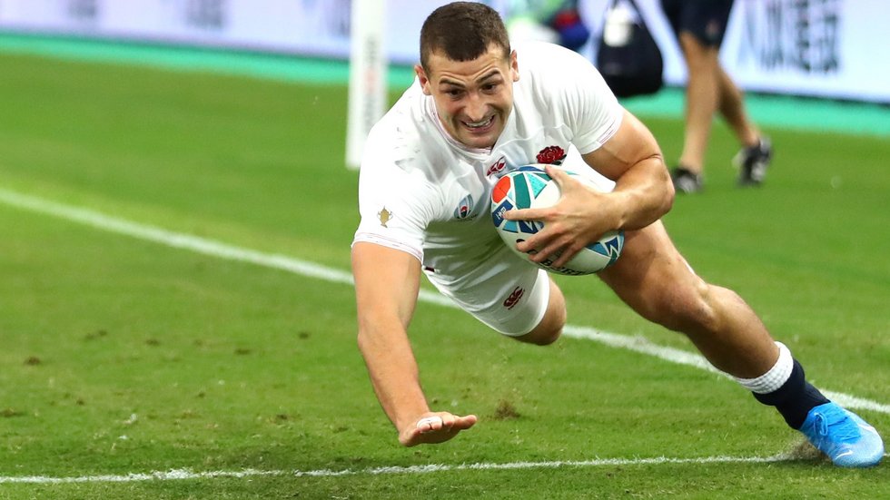Jonny May dives over the line to give England the lead in Japan