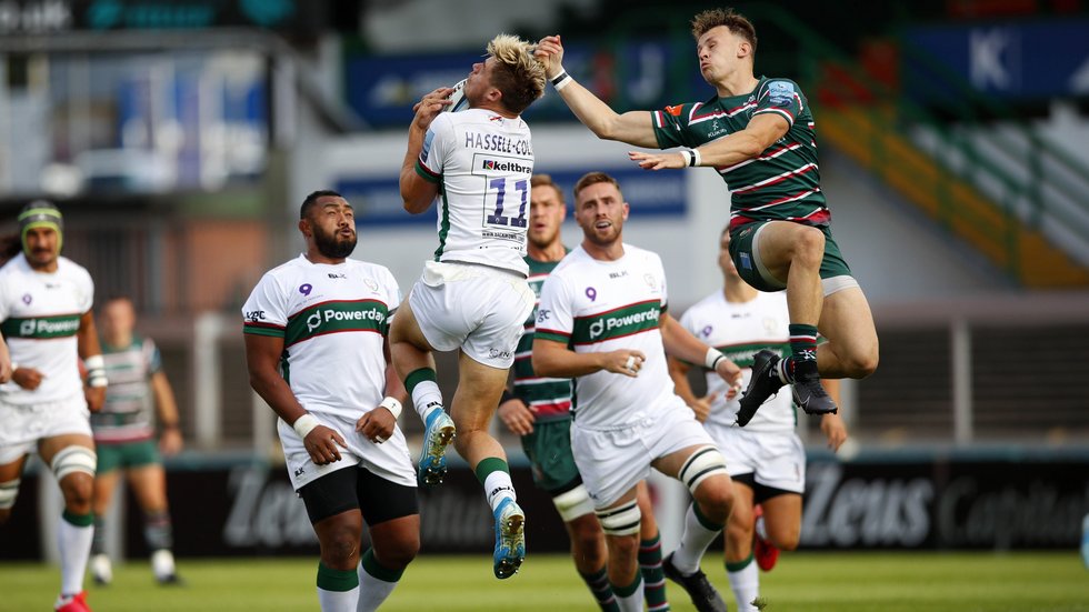Tigers wing David Williams challenges for high ball in the most recent meeting with London Irish