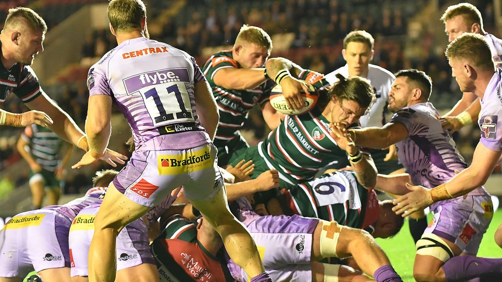 Tom Youngs and Guy Thompson attack the Chiefs line during the Cup victory at Welford Road