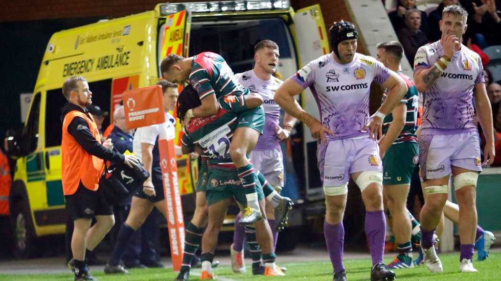 Kyle Eastmond celebrates scoring the bonus-point try in the win over Exeter Chiefs at Welford Road