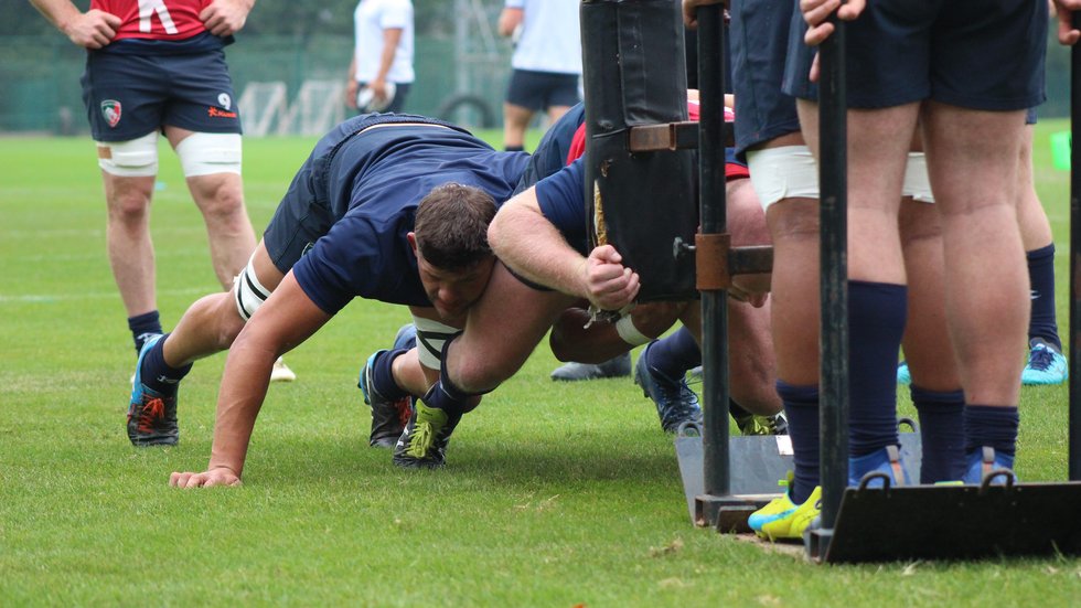Mike Williams and Dan Cole pack down during a scrummaging drill at the club's Oval Park Training Ground.