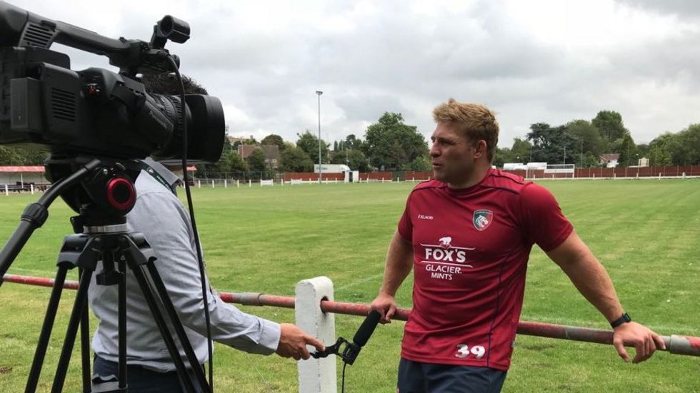 Tom Youngs speaks to LTTV at Oadby Town during the 2018/19 Leicester Tigers pre-season press day
