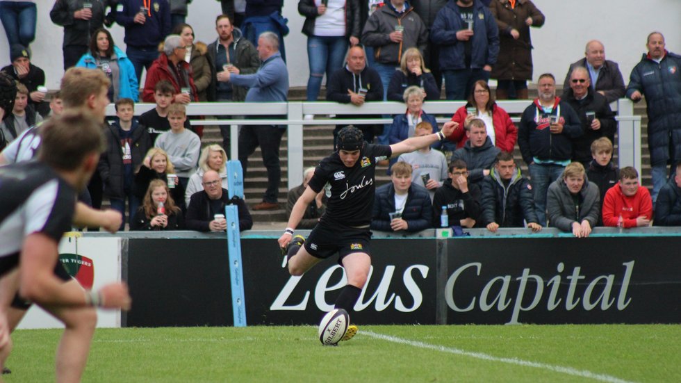 Harborough kick for goal in the Colts Final at Welford Road