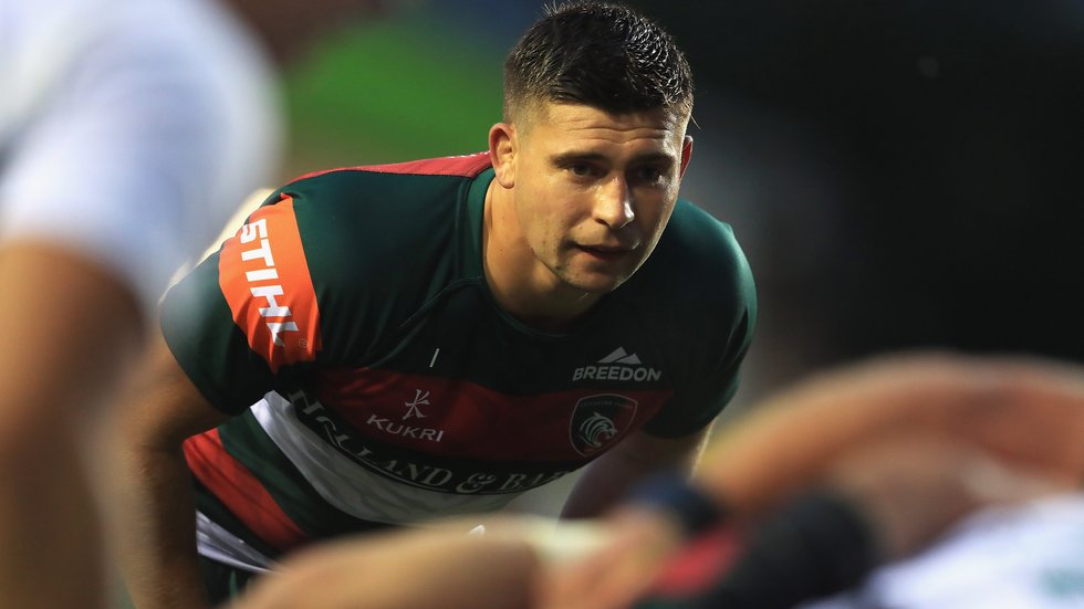 Ben Youngs watches on in defence at scrum time during the 2018/19 pre-season fixture at Welford Road