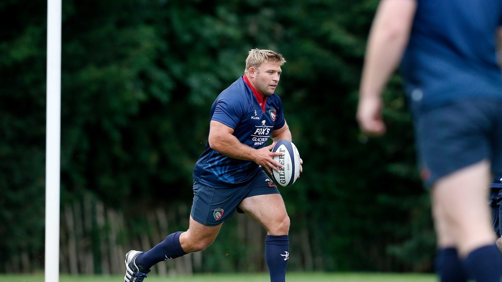 Club captain Tom Youngs on the move with ball in hand at Oval Park during the fourth week of pre-season training.