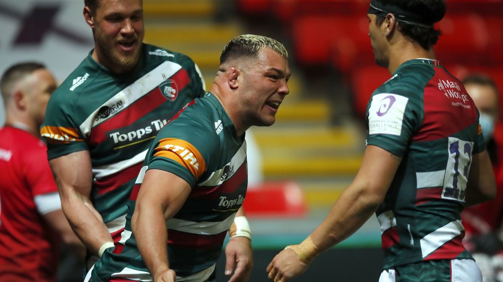 Ellis Genge celebrates his try in the semi-final victory over Ulster