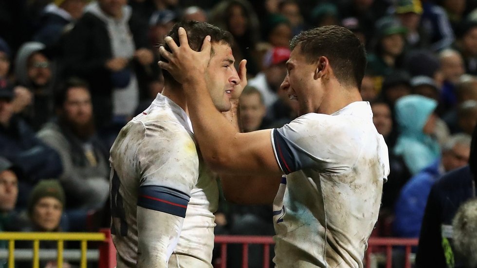 Jonny May celebrates with Ben Youngs after scoring in England's 25-10 win against South Africa